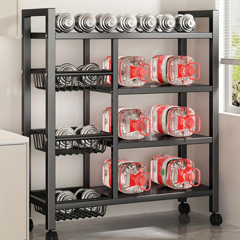 Mobile 4-Storey Adjustable Metal Storage Rack with Wheels & 3 Wire Baskets, Freestanding Multipurposes Organizer Shelf for Kitchen Pantry Bathroom Closet Garage, Perfect Housewarming New Home Gift