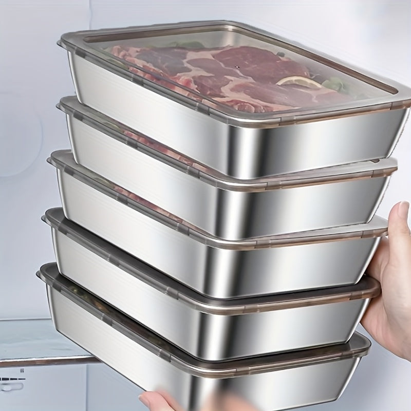 Buy 3 Get 2 Free for a total of 5 stainless steel food storage containers. These durable baking trays come with free matching lids, fully reusable and perfect for picnics, meal prep, and refrigerator organization.