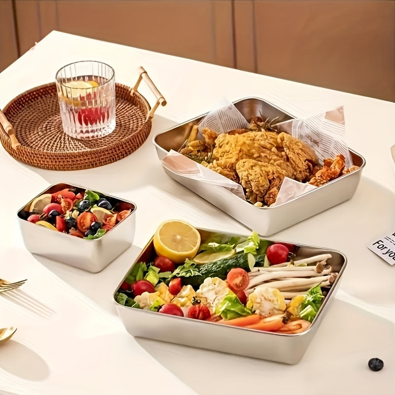 Buy 3 Get 2 Free for a total of 5 stainless steel food storage containers. These durable baking trays come with free matching lids, fully reusable and perfect for picnics, meal prep, and refrigerator organization.