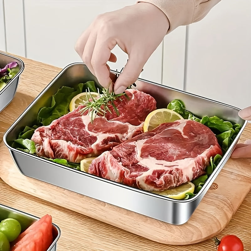 Buy 3 Get 2 Free for a total of 5 stainless steel food storage containers. These durable baking trays come with free matching lids, fully reusable and perfect for picnics, meal prep, and refrigerator organization.