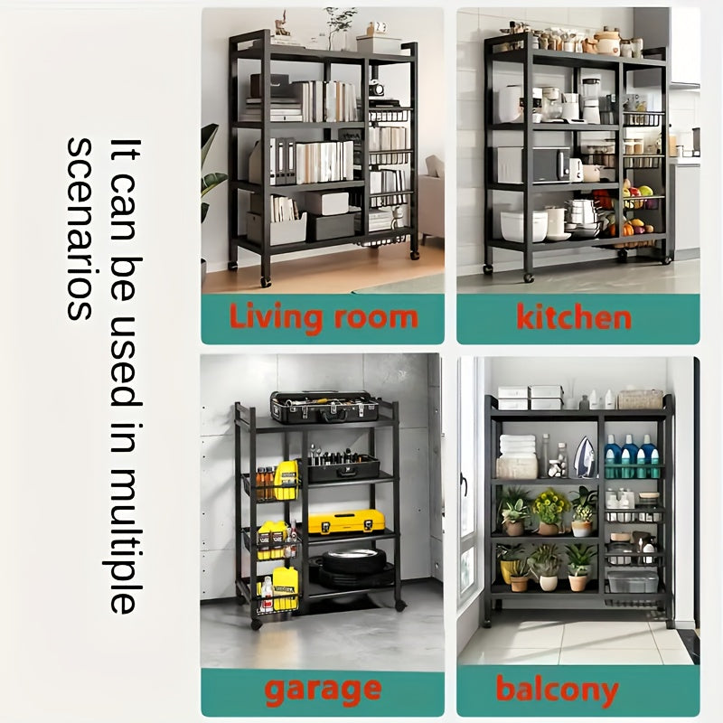 Mobile 4-Storey Adjustable Metal Storage Rack with Wheels & 3 Wire Baskets, Freestanding Multipurposes Organizer Shelf for Kitchen Pantry Bathroom Closet Garage, Perfect Housewarming New Home Gift