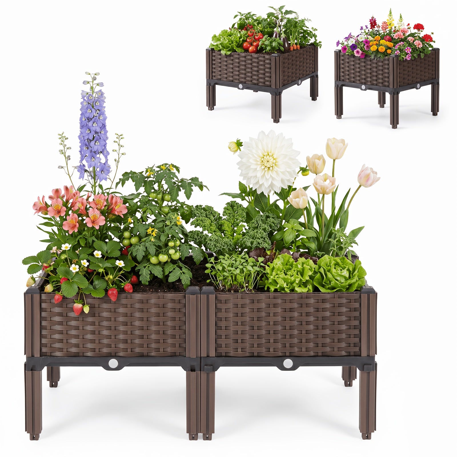 Dual/Triple Compartment Raised Garden Bed Kit, Weather Resistant Durable Plastic Rectangular Planter Box, Easy to Assemble Elevated Planting Container for Yard Garden Patio Outdoor Use