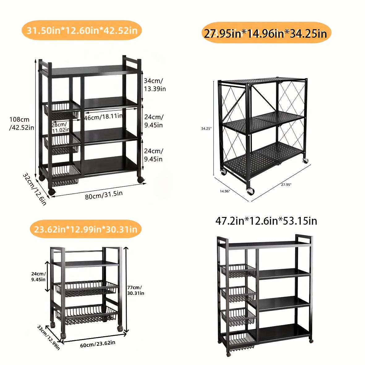 Mobile 4-Storey Adjustable Metal Storage Rack with Wheels & 3 Wire Baskets, Freestanding Multipurposes Organizer Shelf for Kitchen Pantry Bathroom Closet Garage, Perfect Housewarming New Home Gift