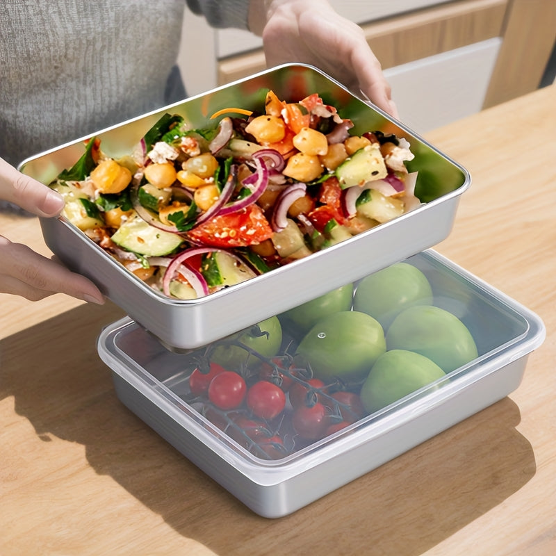 Buy 3 Get 2 Free for a total of 5 stainless steel food storage containers. These durable baking trays come with free matching lids, fully reusable and perfect for picnics, meal prep, and refrigerator organization.