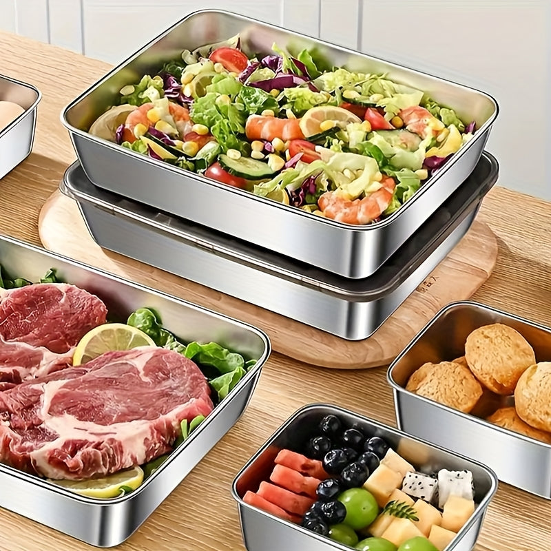 Buy 3 Get 2 Free for a total of 5 stainless steel food storage containers. These durable baking trays come with free matching lids, fully reusable and perfect for picnics, meal prep, and refrigerator organization.