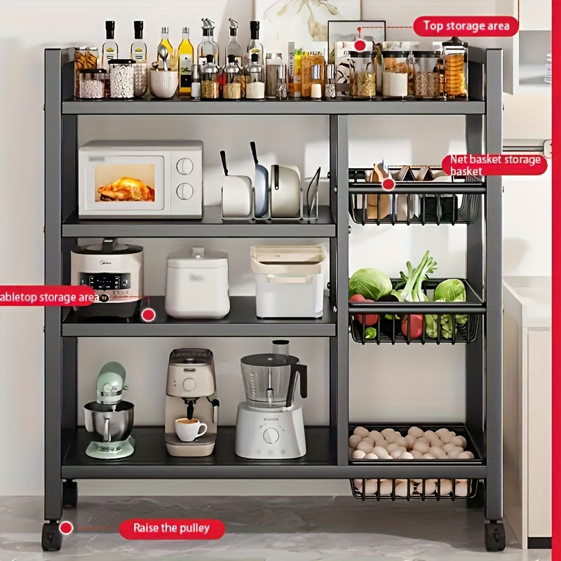 Mobile 4-Storey Adjustable Metal Storage Rack with Wheels & 3 Wire Baskets, Freestanding Multipurposes Organizer Shelf for Kitchen Pantry Bathroom Closet Garage, Perfect Housewarming New Home Gift