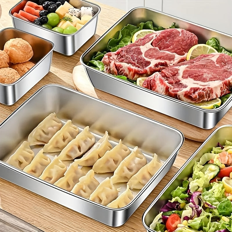 Buy 3 Get 2 Free for a total of 5 stainless steel food storage containers. These durable baking trays come with free matching lids, fully reusable and perfect for picnics, meal prep, and refrigerator organization.