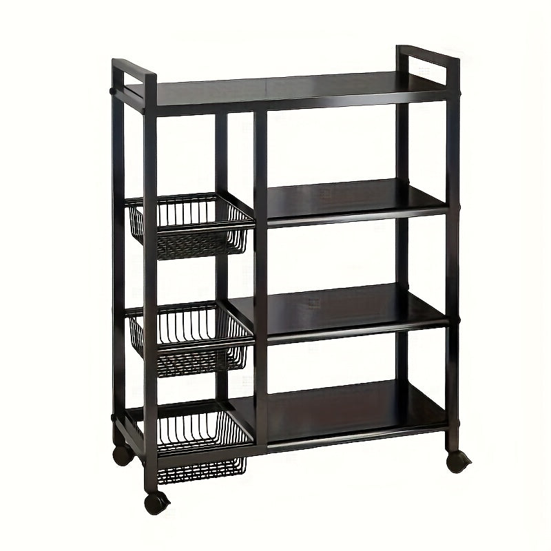 Mobile 4-Storey Adjustable Metal Storage Rack with Wheels & 3 Wire Baskets, Freestanding Multipurposes Organizer Shelf for Kitchen Pantry Bathroom Closet Garage, Perfect Housewarming New Home Gift