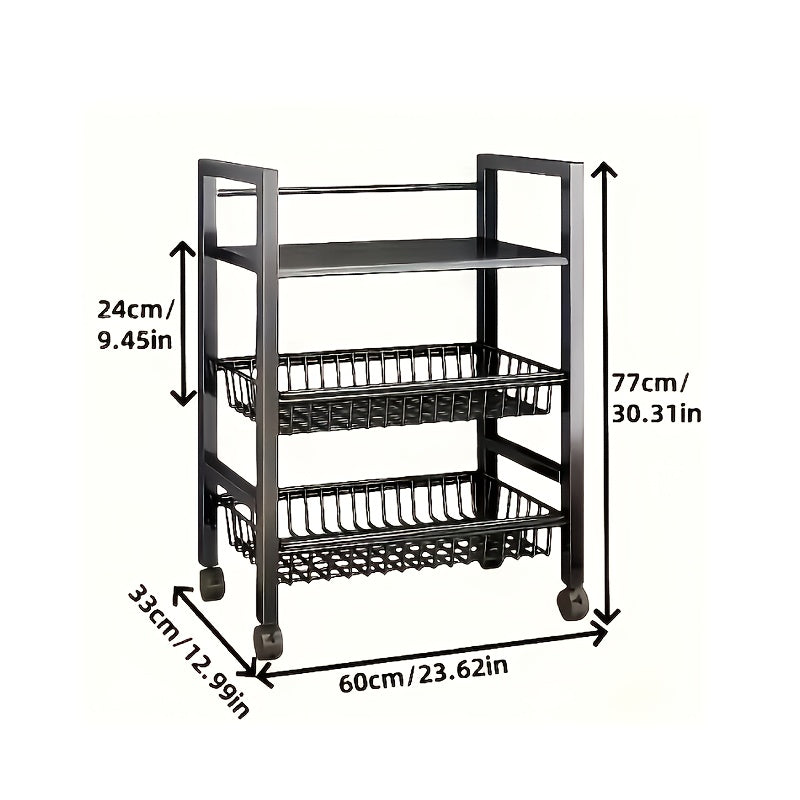 Mobile 4-Storey Adjustable Metal Storage Rack with Wheels & 3 Wire Baskets, Freestanding Multipurposes Organizer Shelf for Kitchen Pantry Bathroom Closet Garage, Perfect Housewarming New Home Gift