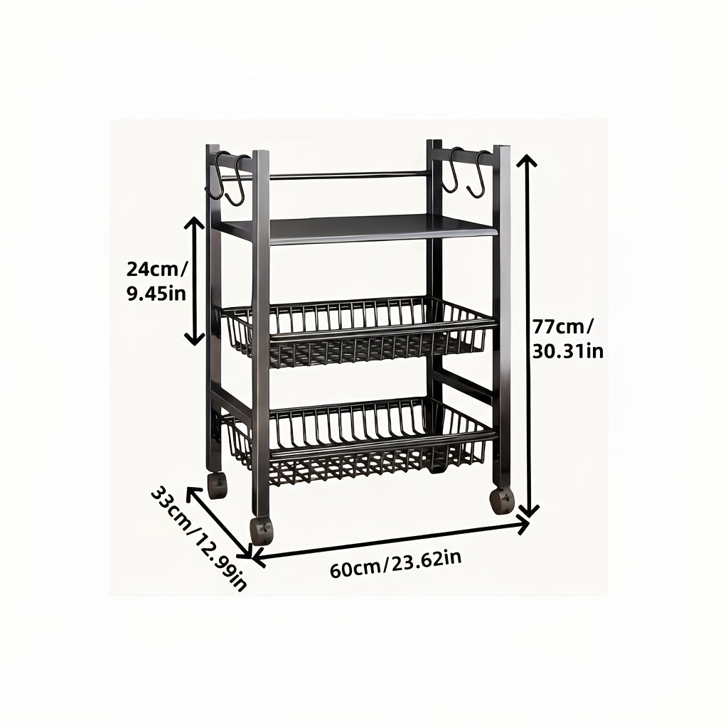 Mobile 4-Storey Adjustable Metal Storage Rack with Wheels & 3 Wire Baskets, Freestanding Multipurposes Organizer Shelf for Kitchen Pantry Bathroom Closet Garage, Perfect Housewarming New Home Gift