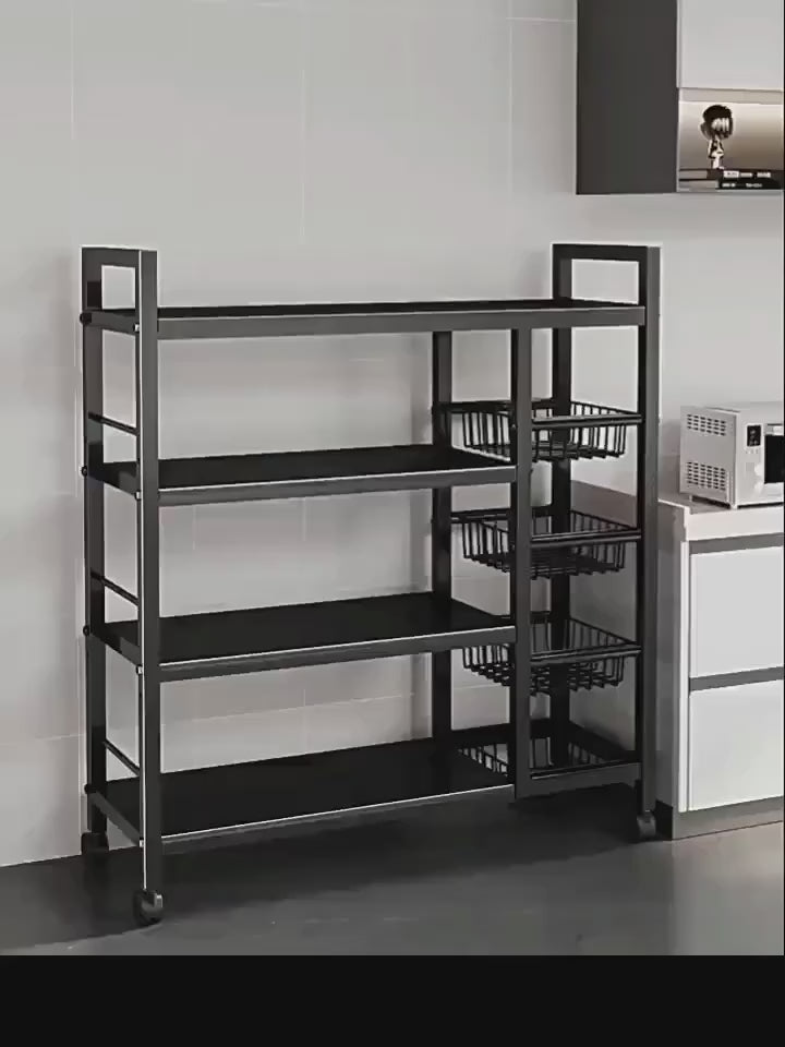 Mobile 4-Storey Adjustable Metal Storage Rack with Wheels & 3 Wire Baskets, Freestanding Multipurposes Organizer Shelf for Kitchen Pantry Bathroom Closet Garage, Perfect Housewarming New Home Gift